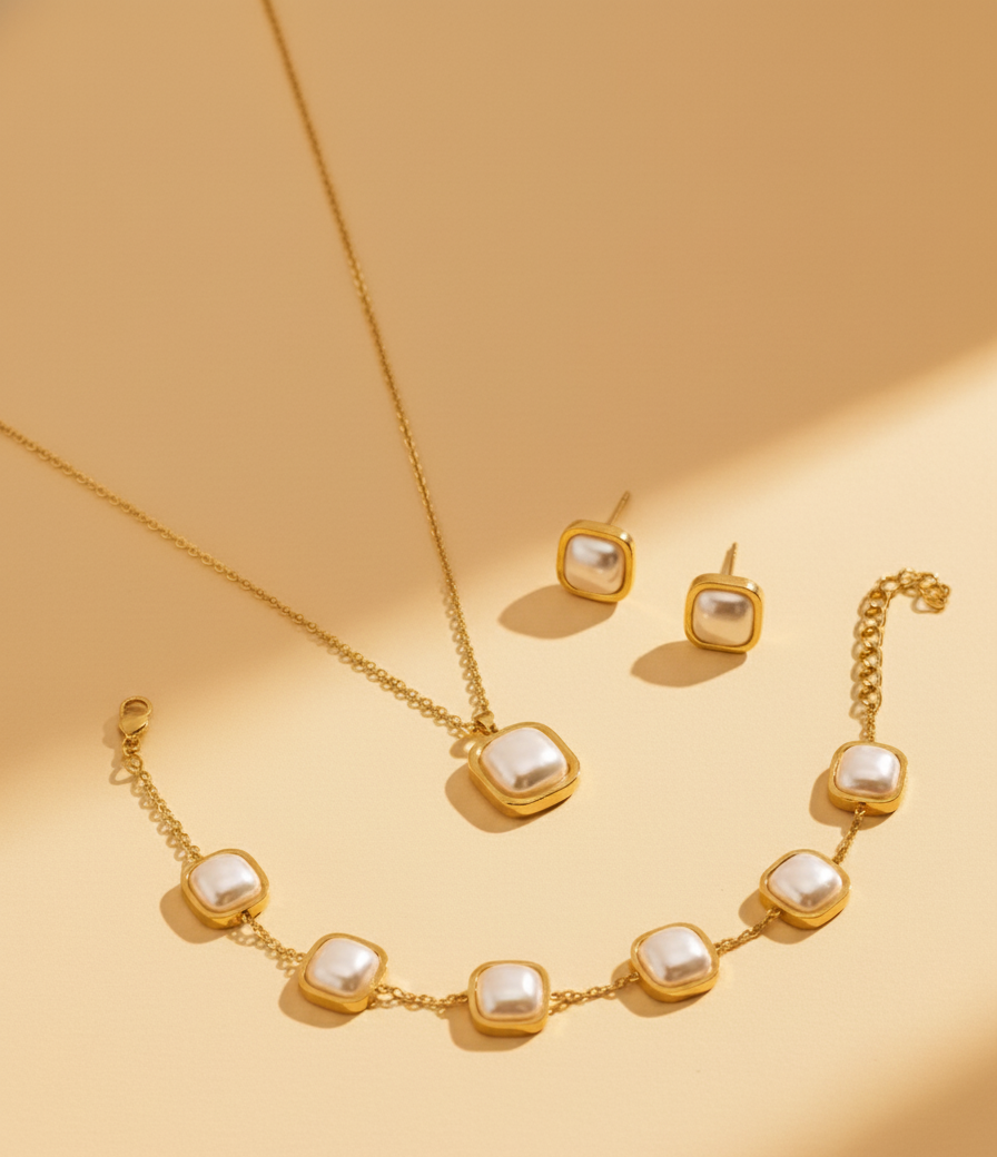 Elegant Pearlized Stainless Steel Jewelry Set – Timeless Radiance