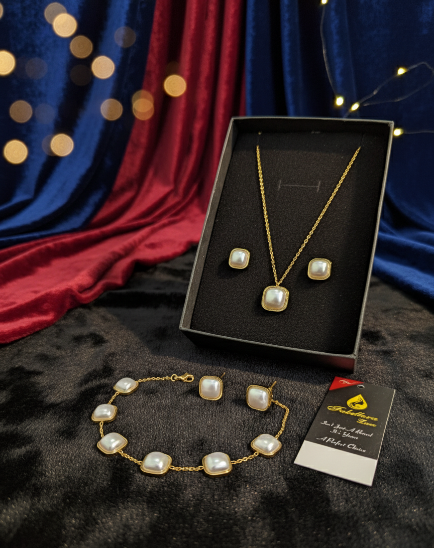 Elegant Pearlized Stainless Steel Jewelry Set – Timeless Radiance