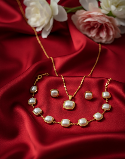 Elegant Pearlized Stainless Steel Jewelry Set – Timeless Radiance